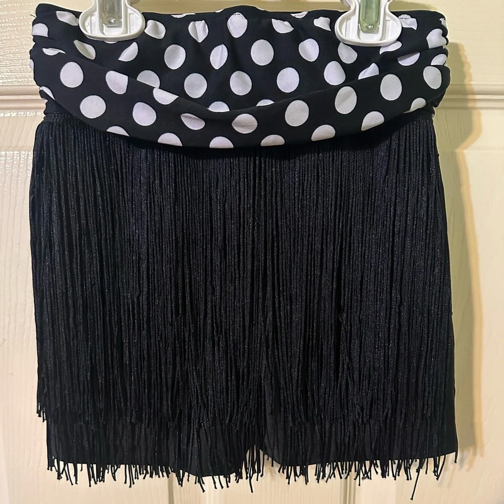 Girls Revolution Black Fringe Polka Dot Waist Skirt costume with Gloves   Size M